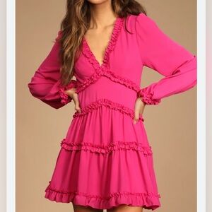 Lulu's simply darling magenta ruffled long sleeve dress